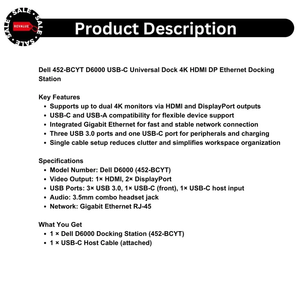 Dell 452-BCYT D6000 USB-C Universal Dock 4K HDMI‎ DP Ethernet Docking Station